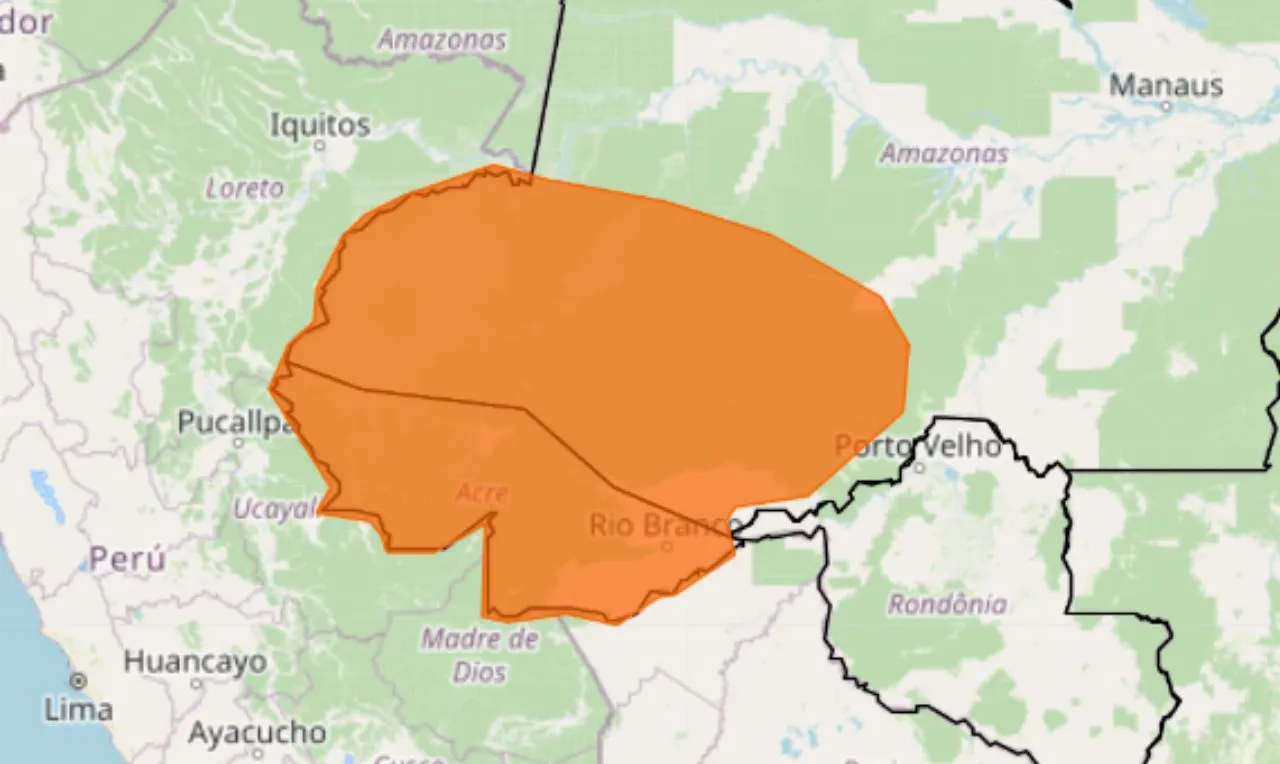 O mapa mostra as &aacute;reas em alerta para temporais e chuva intensa